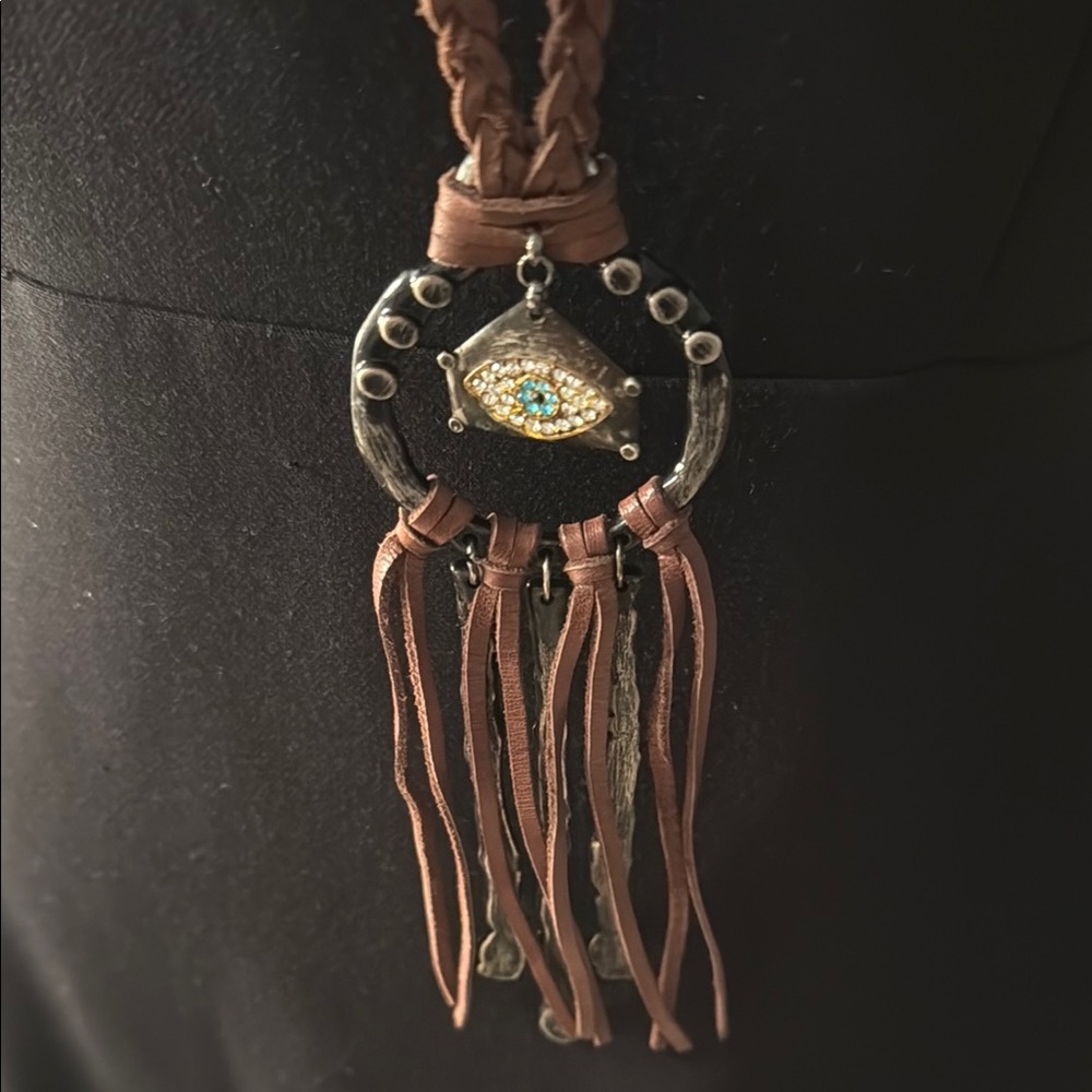 Boho leather Eye Necklace with Tassels- brown and silver